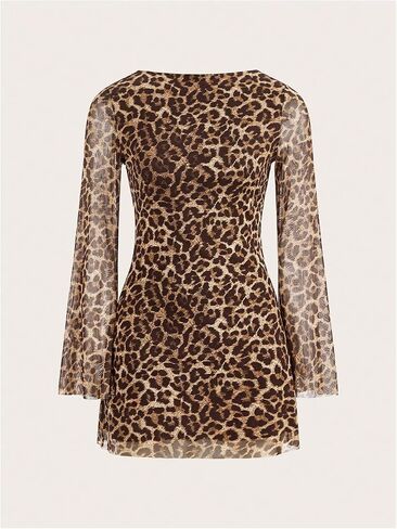GORGLITTER Women's Cheetah Leopard Print Dress Y2k Backless Mesh Long Sleeves Bodycon Mini Dresses in Kuwait