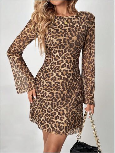GORGLITTER Women's Cheetah Leopard Print Dress Y2k Backless Mesh Long Sleeves Bodycon Mini Dresses in Kuwait
