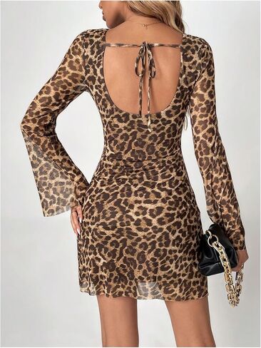 GORGLITTER Women's Cheetah Leopard Print Dress Y2k Backless Mesh Long Sleeves Bodycon Mini Dresses in Kuwait