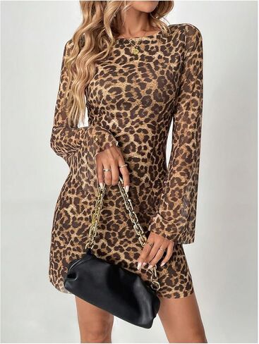 GORGLITTER Women's Cheetah Leopard Print Dress Y2k Backless Mesh Long Sleeves Bodycon Mini Dresses in Kuwait
