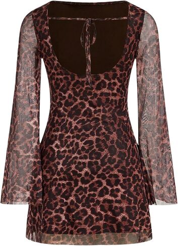 GORGLITTER Women's Cheetah Leopard Print Dress Y2k Backless Mesh Long Sleeves Bodycon Mini Dresses in Kuwait