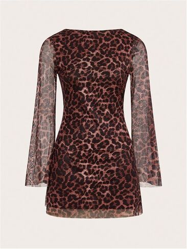 GORGLITTER Women's Cheetah Leopard Print Dress Y2k Backless Mesh Long Sleeves Bodycon Mini Dresses in Kuwait