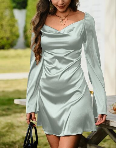 HYPERFIRE Women's Elegant Satin Long Sleeve Cowl Neck Mini Dress Tie Back Cocktail Dress Party Club in Saudi Arabia