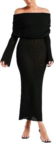 CUTEGAL Women's Off Shoulder Maxi Dress Long Sleeve Bodycon Knit Crochet Mesh Sweater Sexy Vacation Party Dresses Wrap Dress in Saudi Arabia