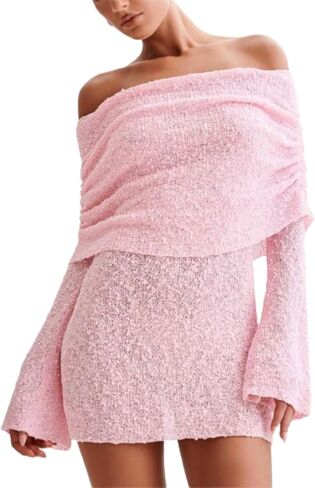 CUTEGAL Women's Off Shoulder Maxi Dress Long Sleeve Bodycon Knit Crochet Mesh Sweater Sexy Vacation Party Dresses Wrap Dress in Saudi Arabia