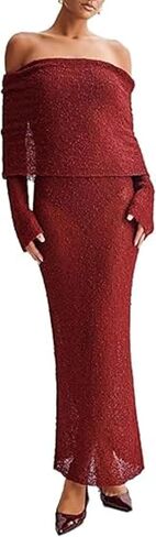 CUTEGAL Women's Off Shoulder Maxi Dress Long Sleeve Bodycon Knit Crochet Mesh Sweater Sexy Vacation Party Dresses Wrap Dress in Saudi Arabia