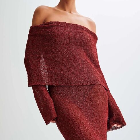CUTEGAL Women's Off Shoulder Maxi Dress Long Sleeve Bodycon Knit Crochet Mesh Sweater Sexy Vacation Party Dresses Wrap Dress in Saudi Arabia