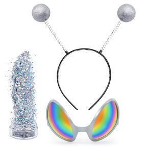 Farochy Costume Headwear - Silver Alien Headband with Glasses and Holographic Glitter, Halloween, Cosplay Party, Christmas, Birthday, Unisex, Partygoers, Families, All Ages