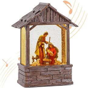 Christmas Snow Globe, USB Lined/Battery Operated Lighted Glittering Nativity Snow Globe with Timer and Chritmas Songs for Christmas Decoration