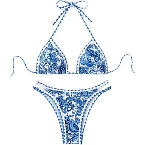 WDIRARA Women's Boho Floral Halter Bikini Set Cut Out Swimsuit Two Piece Bathing Suit