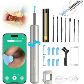 Ear Wax Removal Tool,1080P Ear Cleaner with Camera,Telescopic Otoscope with 6 Led Lights,E-3 Ear Cleaning Kit Contains 8 Ear Pick + 8 Ear Spoon Cap + 2 Metal Ear Spoons,Black
