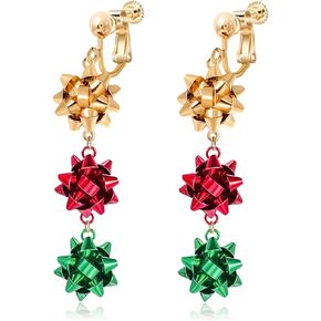 Clip on Earrings Non Pierced for Women, Cute Red Green Christmas Tree Bow Dangle Earring, Holiday Crazy Party Drop Earringss for New Year Jewelry for Women