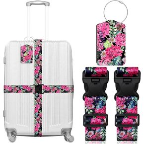 3 Pack Luggage Straps Tags Set for Suitcases, Travel Adjustable Belt with Quick Release Buckle and Name ID Label Card, Heavy Duty Nylon Bag Packing Strap for Business -Pink Flower