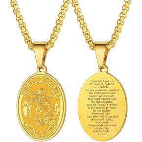 U7 St. Michael Necklaces for Men Women Stainless Steel 18K Gold Plated Biblical Archangel Jewelry Round/Oval/Shield Medal Pendant with 22" Box Chain Patron Saint Michael Necklace