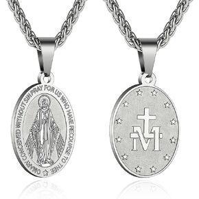 RS Virgin Mary Necklace for Men Boys Miraculous Medal Stainless Steel Mary Mother of God Pendant De La Virgen Maria Medallion Holy Mary Charm