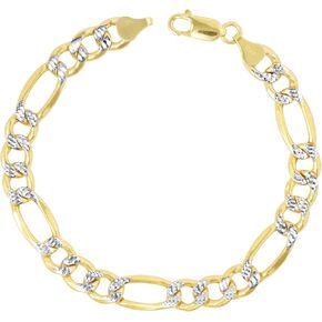 Nuragold 10k Yellow Gold 8mm Figaro Chain Link Diamond Cut Pave Two Tone Bracelet, Mens Jewelry 8" 8.5" 9"