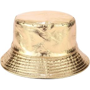 Quanhaigou Metallic Bucket Hat PU Leather Trendy Fisherman Hats Unisex Reversible Packable Sun Cap