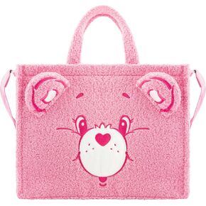 Concept One Care Bears Tote Bag, Cheer Bear Faux Fur Travel Handbag with Adjustable Shoulder Strap and Trolley Sleeve, Pink