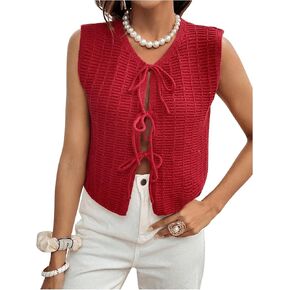 MakeMeChic Women's Tie Front Sleeveless Sweater Vest V Neck Knitted Sweaters