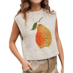 WDIRARA Women's Pear Graphic Crewneck Sweater Vests Sleeveless Crop Knitted Tops