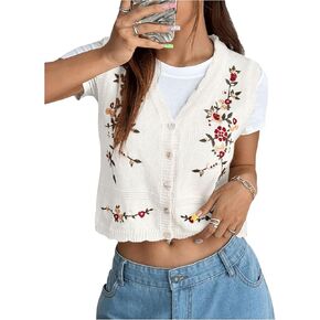 GORGLITTER Women's Flower Embroidery Sweater Vest V Neck Sleeveless Knit Sweater Button Up Cardigan Tank Tops