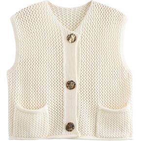 Wyeysyt Womens Crochet Knit Vest Sleeveless Button Down Cropped Sweater Vest Tops with Pockets