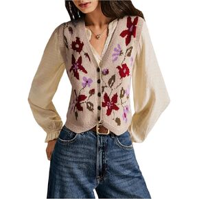 Women's Floral Sweater Vest Button Front Crop Sweater Vest V Neck Sleeveless Knit Tank Tops