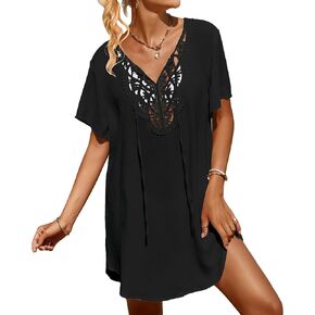 SimpleFun Womens Swimsuit Coverup Lace Crochet V Neck Bathing Suit Cover Up Dress Beach Cover Ups for Swimwear