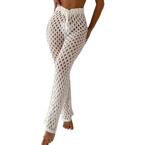 OYOANGLE Women's Crochet Hollow Out Beach Pants Drawstring Waist Flared Leg Swimwear Cover Up Pants