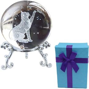 Cat Crystal Ball with Stand Christmas 3D Cat Crystal Ball Figurine Glass Laser Engraved Decorative Art Crystal Sphere Glass Ball Paperweight Butterfly Cat Gifts for Cat Lovers Women 2.5in