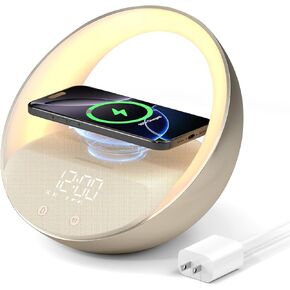 Bluetooth Speaker with Wireless Charger, Sunrise Simulation Wake Up Night Light, 15W Fast Wireless Charging for Bedroom, Adjustable LED RGB Mode 12/24H Sleep Aid Snooze (Wood)