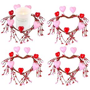 4PCS Valentine Day Heart Candle Rings Wreaths Red Heart and Berry Candle Holder Rings Artificial Red Berry Flower Stems Heart Shaped Berry Candle Rings Valentine's Day Table Centerpieces