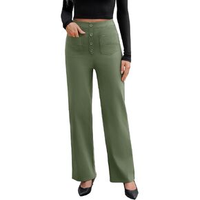 Women's High Waisted Straight Leg Pants Stretchy Business Casual Pants Button Down Work Trousers with Pockets
