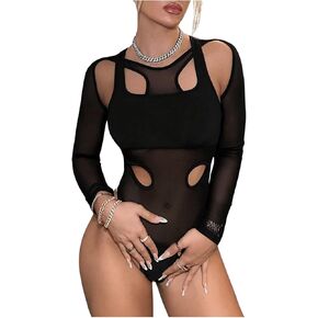 Women's Sheer Mesh Cut Out Asymmetrical Neck Bodysuit Slim Fit Long Sleeve Jumpsuit