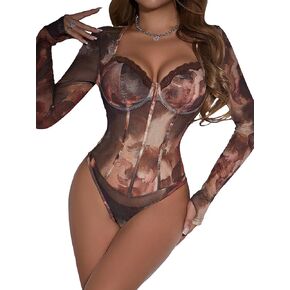 SweatyRocks Women's Allover Printed Sweetheart Neck Bodysuit Long Sleeve Jumpsuits