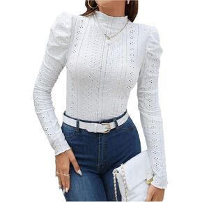 Floerns Women's Eyelet Embroidery Puff Long Sleeve Jumpsuit Mock Neck T Shirt Bodysuit Top