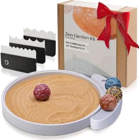 Japanese Zen Garden Kit for Desk - Premium Sand Garden - Mini Zen Décor Office Desktop Accessories - Bamboo Crafted Meditation Therapy Tray - Gift Set - 4 Stamp Spheres Natural Rake Custom Holder
