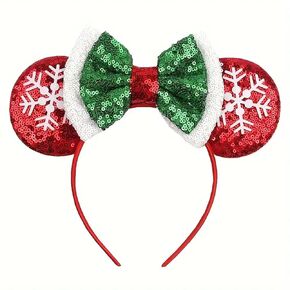 Christmas Headband Mouse Ears Bow Headbands Snowflake Hair Hoop Glitter Xmas Hair Accessories Red Green Sequin Design Cute Hair Band Winter Christmas Hair Decorations for Cosplay Party Makeup Props