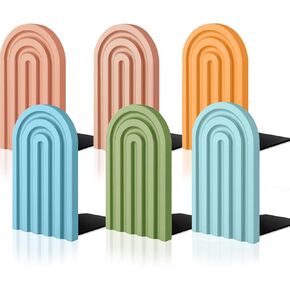 6Pcs Boho Arch Wood Bookends Colorful Book Stand Non Skid Decorative Rainbow Book Ends for Holding Books Movies CDs