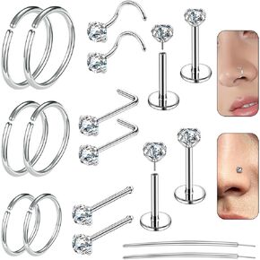 Stainless Steel Nose Rings Hoop Set For Women Men Flat Back Nose Studs Cartilage Earring 18g 20g CZ Hypoallergenic Piercing Jewelry For Nose Septum Cartilage L Shaped Screw Bone Nose Studs 18pcs