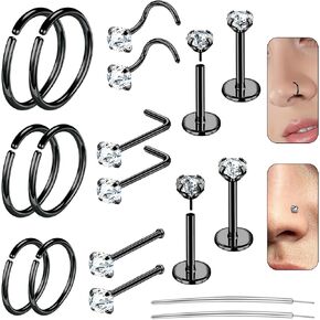 Stainless Steel Nose Rings Hoop Set For Women Men Flat Back Nose Studs Cartilage Earring 18g 20g CZ Hypoallergenic Piercing Jewelry For Nose Septum Cartilage L Shaped Screw Bone Nose Studs 18pcs in Kuwait