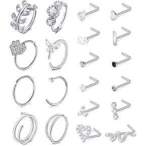 Mayhoop 20G Stainless Steel Nose Rings Nose Studs L Shape Nose Rings Studs Nose Screw Bone Diamond Heart Corkscrew Nose Ring Nostril Nose Piercing Jewelry For Women Men