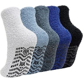CaiDieNu Fuzzy Socks for Men with Grippers, Fluffy Slipper Socks Winter Warm Thick Home Hospital Cozy Non-slip Socks 5 Pairs