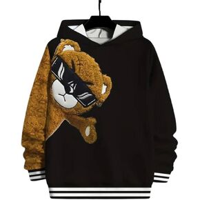 Kids Hoodie with Teddy Bear Cartoon Face Non-Embroidered