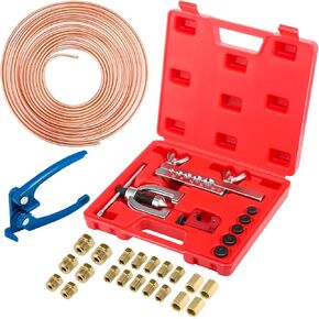 25 ft 3/16'' Copper Coated Brake Line Kit with 16 Fittings and 4 Unions Brake Line Fittings,Brake Line Double & Single Flaring Tool Kit with Tube Bender,Fits for Most Hydraulic Braking Systems