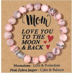 Mom Gift, Love You to the Moon and Back Beaded Bracelet with Moonstone and Pink Zebra Jasper for Mother from Daughter Son, Mother's Birthday Christmas, Sentimental Elegant Jewelry for Mom