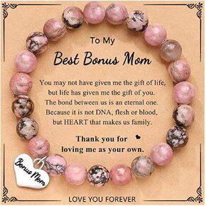 Dcfywl731 Bonus Mom Gifts for Women Stepmom Natural Stone Beaded Bracelets Heart Charm Bracelets with Meaningful Card Birthday Mothers Day Gifts from Daughter Son
