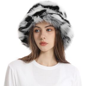 Women Faux Fur Bucket Hat Winter Warm Furry Rainbow Fisherman Cap for Skiing Outdoor Cold Weather