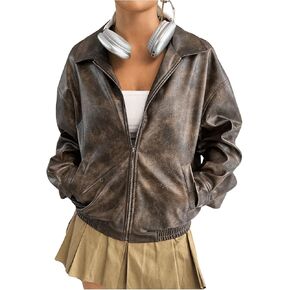 Women's Y2K PU Leather Jackets Oversized Vintage Long Sleeve Jacket Zip Up Collared Motorcycle Biker Coat with Pocket