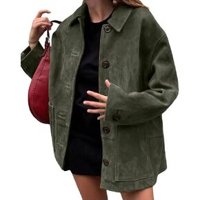 chouyatou Women's Fall Boyfriend Faux Suede Leather Jacket Casual Midi Long Button Down Shacket Coat